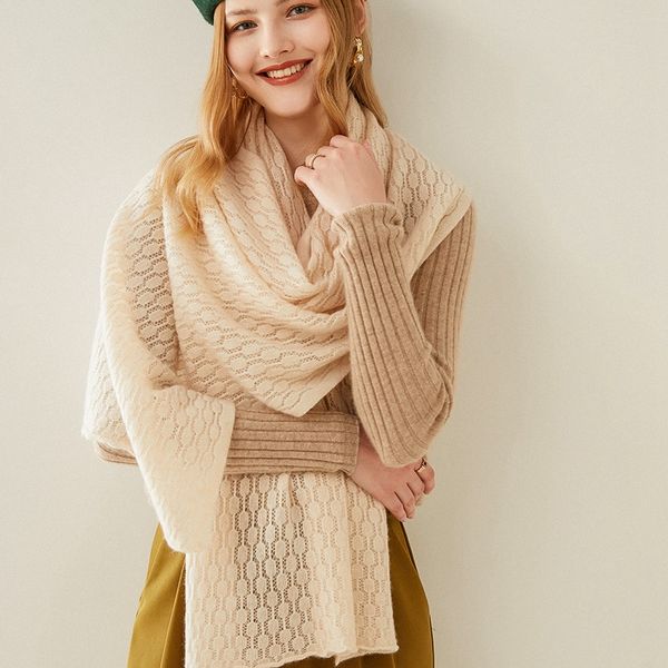 

2020 new european and american shiny silk pure cashmere shawl women hollow-out knitting warm scarf rectangular solid color, Blue;gray