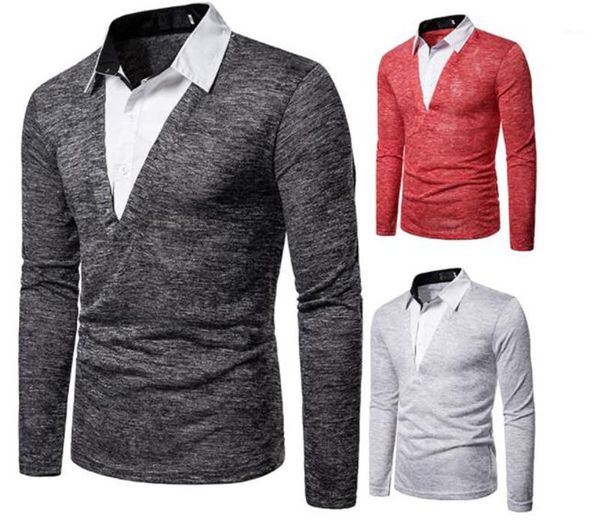

long sleeved polo shirt casual style polo lapel shirt men designer polo shirt fashion fake two hit color, White;black