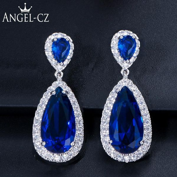 

aneglcz luxury royal blue stone earring water drop cubic zirconia bridal long earrings for women wedding party jewelry ae011, Golden