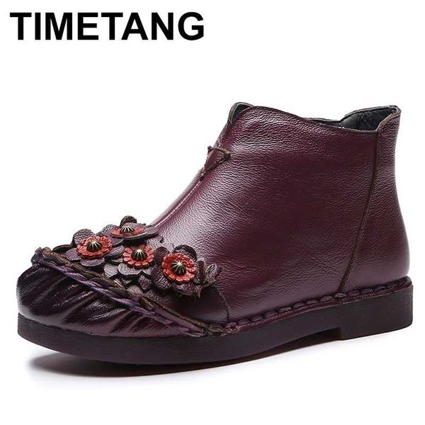 

boots timetang women winter snow 2021 genuine leather ankle handmade flower rivet low heels warm cotton shoes e1194, Black