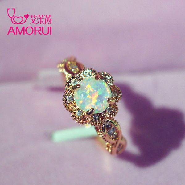 

amorui vintage australian crystal flower ring female anniversary gift jewelry fashion golden opal engagement / wedding rings, Golden;silver
