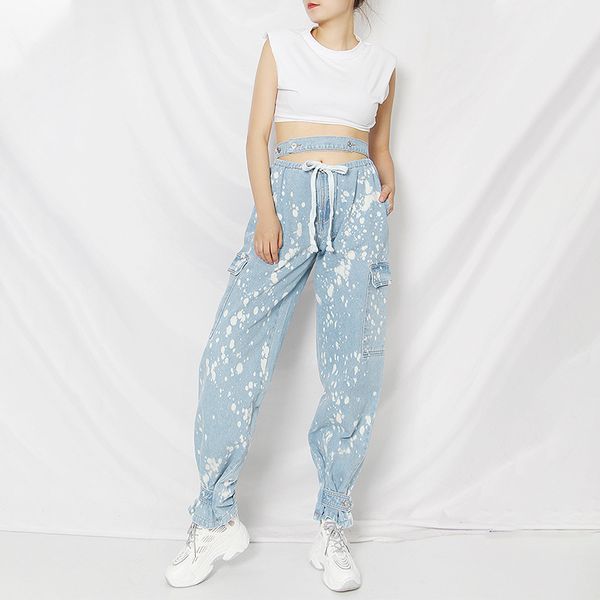 

superaen 2020 autumn new street fashion casual hollow navel high waist drawstring pocket casual all-match women jeans, Blue