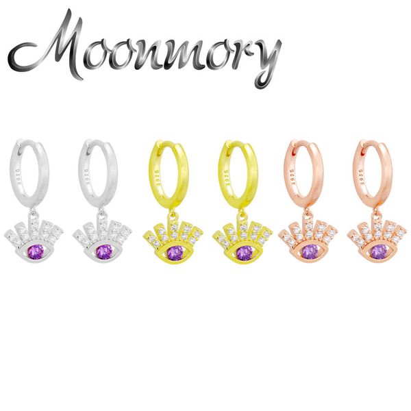 

moonmory 925 sterling silver white zircon hoop huggies earring for women purple crystal evil eye hanging round earring jewelry, Golden;silver