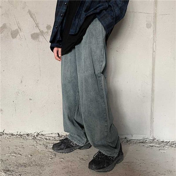 

men's jeans goohojio 2021 vintage loose denim pants men oversized high waist pant casual wide leg chic trousers for, Blue
