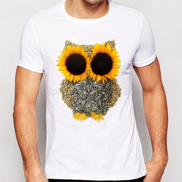 

new arrivals men's sunflower owl design casual basic t-shirt novelty cute animals short sleeve boy's funny tee