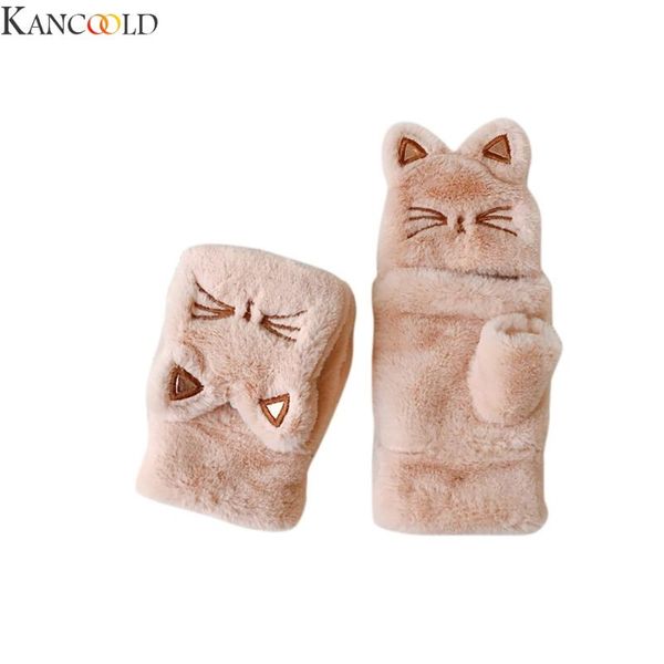 

five fingers gloves kancoold fashion women black beige winter lovely mittens warm flip over thickening cat plush soft short costume, Blue;gray