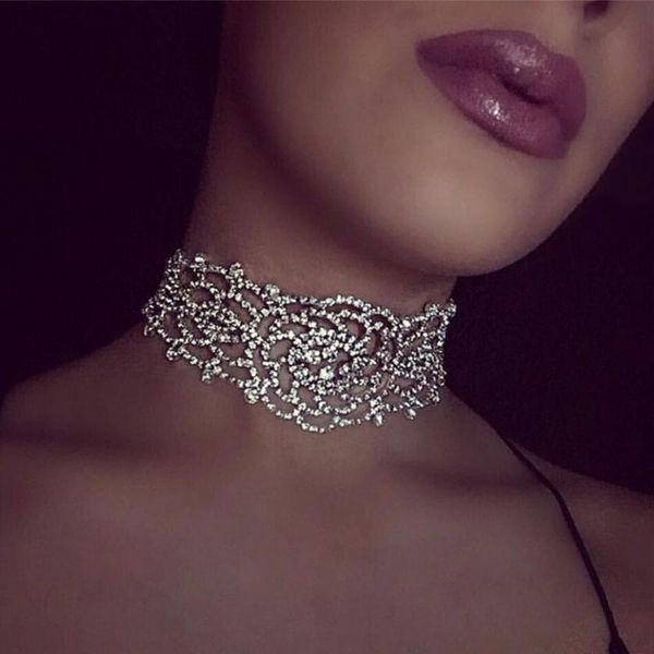 

luxury hollow rhinestone crystal choker necklace elegant wedding jewelry accessories for women chocker #228747, Golden;silver