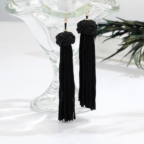 

women's long polyester tassel thread dangle fringe bohemia black earrings, Golden