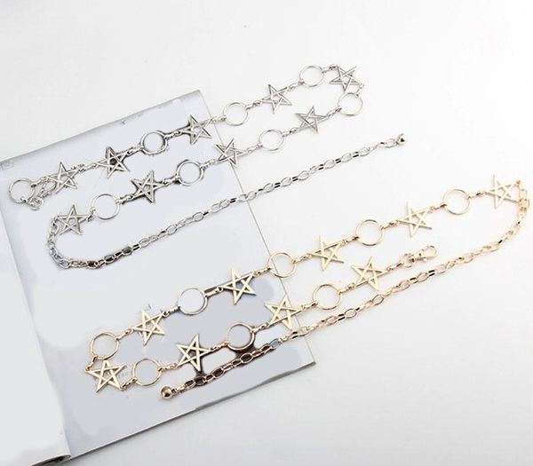 

stars pentagram women belt chain narrow metal chain long tassel gold silver waist lady dress waist belt chains fashion, Black;brown