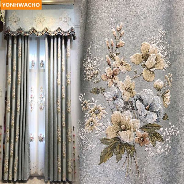 

custom curtains high grade american french pastoral floor window jacquard blue cloth blackout curtain tulle valance drape n984