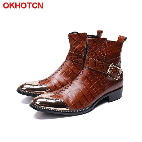 

fashion brown mens leather winter boots buckle strap safety shoes steel toe crystal bordered men winter shoes design ankle boots, Black