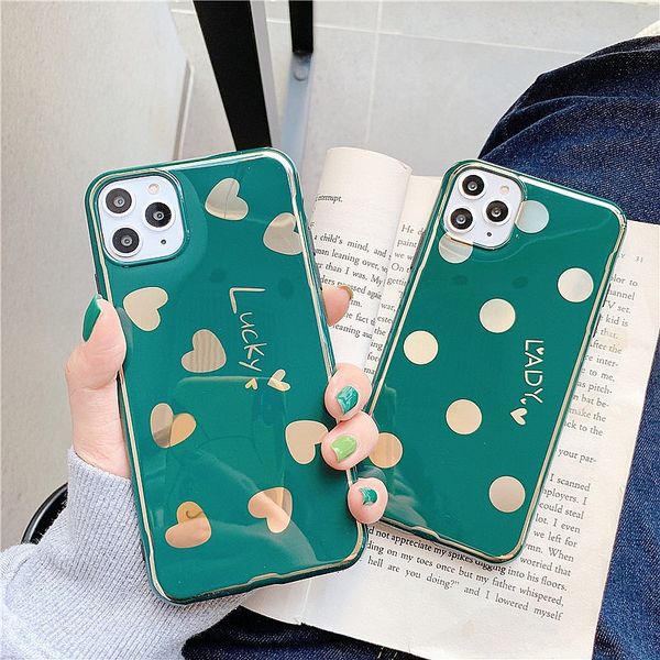 Green Glitter Phone Case para iPhone 11 Pro Max Polka Dots x XR XS Max 7 8 Plus Love Heart TPU TPU Capa protetora