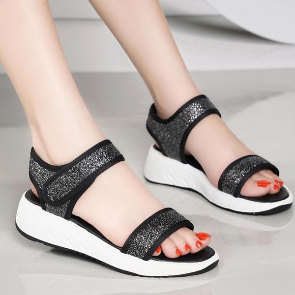 

женские летние hook loop плоского пляж с открытым мыском мягкого дна плоского дна дышащих сандалий отдых женской обувью сандалия # 35, Black