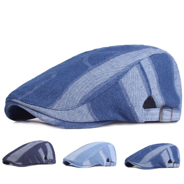 

casual striped denim beret hat for women men vintage style jean ivy cap retro biona flat cap male visor summer peaked hat bone, Blue;gray
