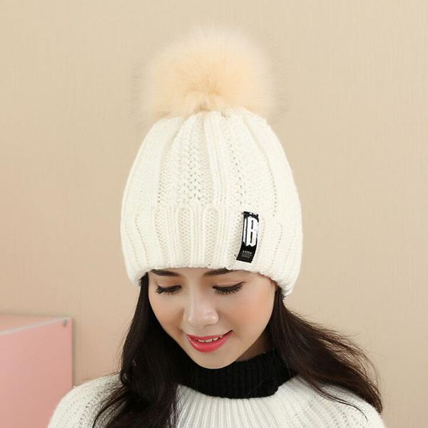

winter knit caps faux fur ball pom beanies hats thick letter warm skullies women crochet gorros lady winter style hat cap, Blue;gray