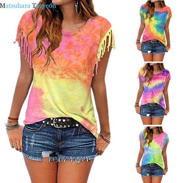 

women cotton tassel casual t-shirt sleeveless tie-dyed color tees o-neck women's clothing t shirt in 2020, White