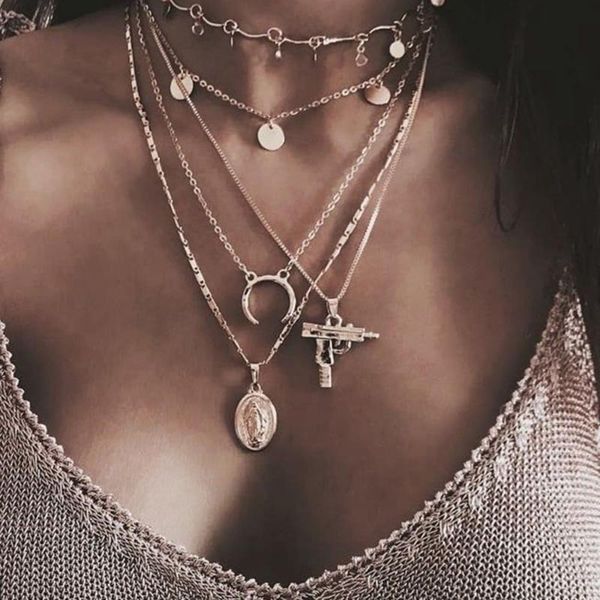 

gun necklaces women metal machine gun buddha brand pendant multilayer chains women's clavicle chain necklace collares, Silver