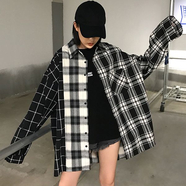 

autumn women's korea ins harajuku streetwear bf plaid shirt button long-sleeved shirt women loose fashion vintage casual jacket, Black