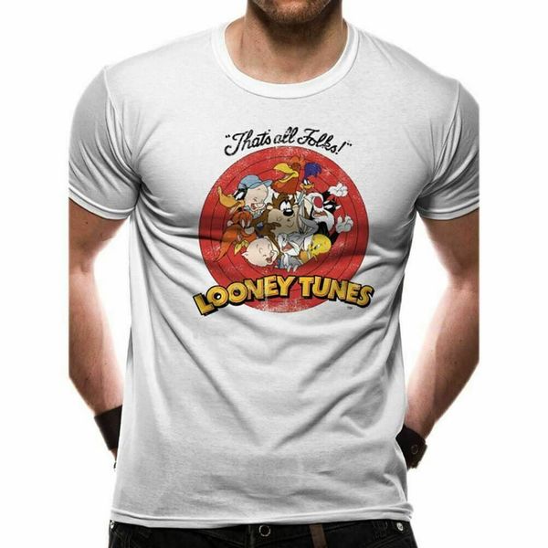 

men's retro looney tunes logo white t-shirt vintage o neck tee shirt