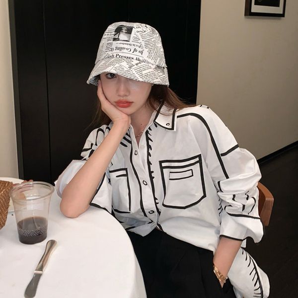 

2020 autumn graffiti print white shirt famale long sleeve tide new streetwear single breasted fashion blouse female