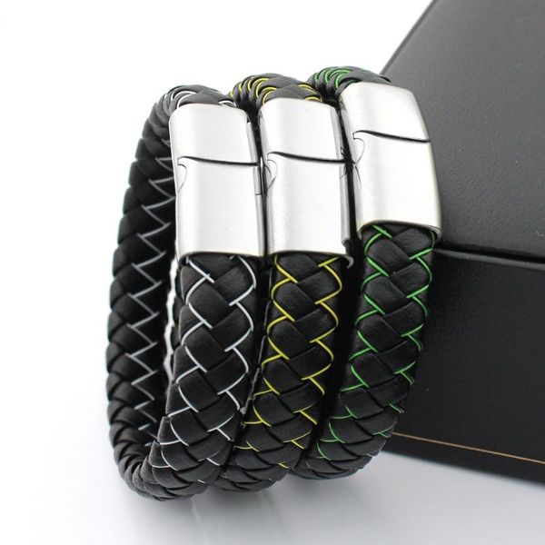 

12mm braided genuine leather simple bracelet for men stainless steel bead bracelets with magnet clasp, Golden;silver