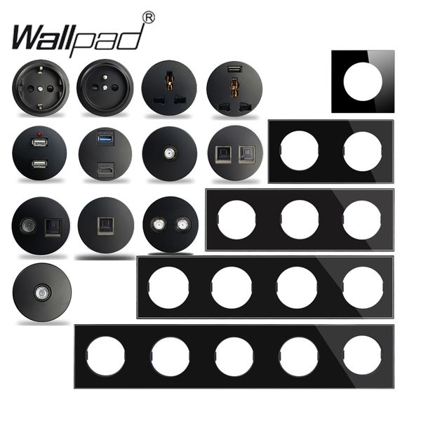 

smart home control wallpad l6 black crystal glass wall light switch eu french socket usb charger rj45 cat6 audio modules diy combinatio