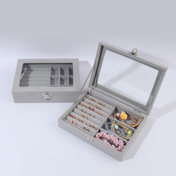

sangfu new design gray velvet grids jewelry box earings storage box jewelry organizer christmas gift boxes with clear window, Pink;blue