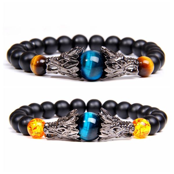 

dragon bracelet men natural stone blue tiger eye 8mm round black onyx beads charm bracelets for women trendy homme jewelry gift