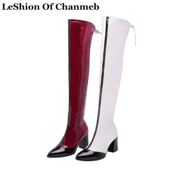 

gloss pu leather block heels zipper over the knee boots for women female thigh high boots winter warm mixcolor shoes 45 48, Black