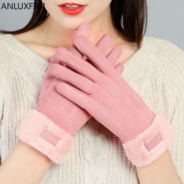 

h10075 women winter gloves autumn plush warm thermal suede mittens cycling driving touch screen simple elegant female hand muff, Blue;gray