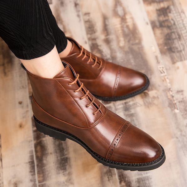 

yomior brand new fashion men boots genuine leather casual shoes british business dress ankle boots big size wedding brogue, Black