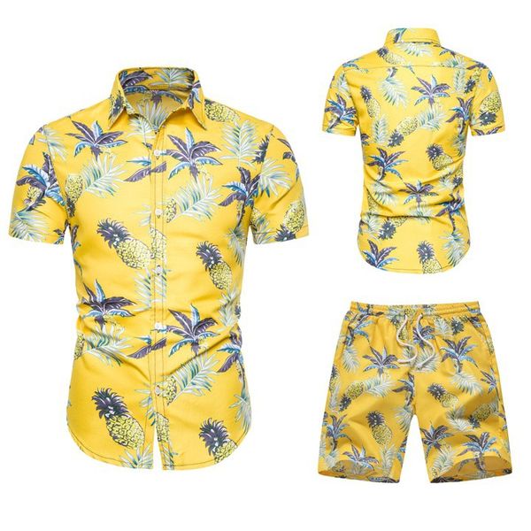 

summer beach suit t-shirt and shorts men hawaiian floral printed couple clothes korean style casual men's cotton two piece sets, Gray
