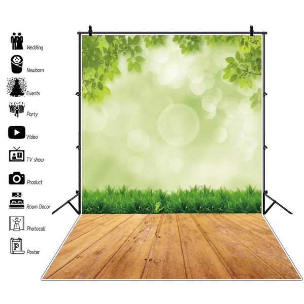 

laeacco p background fantasy polka dot light bokeh green grass tree leaves wooden floor spring p backdrop studio