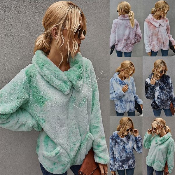 

women tie-dyed woolen sweater sherpa fleece hoodies coat winter warm plush furry pullover jacket half zipper blouses outwear d91712, White