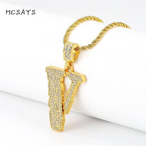 

mcsays hip hop rapper jewelry bling bling irregular pendant letter v golden hiphop cz necklace fashion accessories 3xh, Silver
