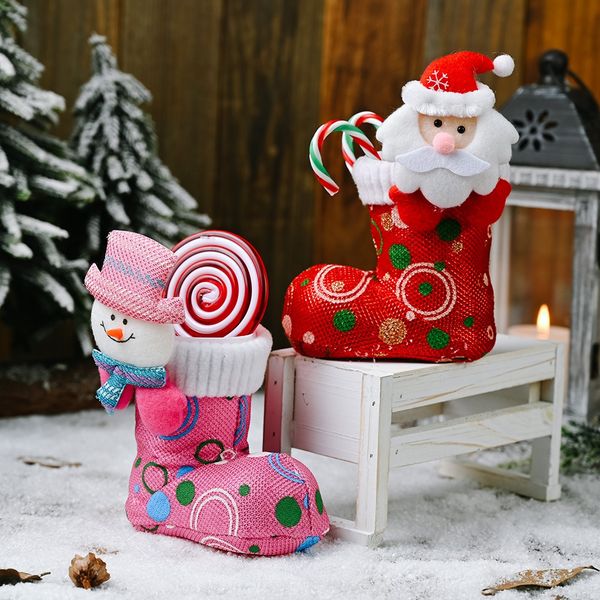 

2020 christmas new decorative products cartoon head bright cloth red pink candy boots children's bright cloth candy gift small gift boo