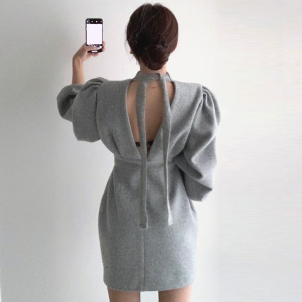 

casual dresses autumn winter woman dress 2021 o-neck long sleeve backless drawstring slim female high waist ladies elegant, Black;gray