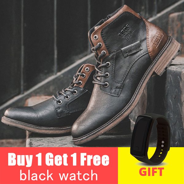 

39-48 men boots vintage autumn ankle high leather casual waterproof men winter shoes #3998, Black