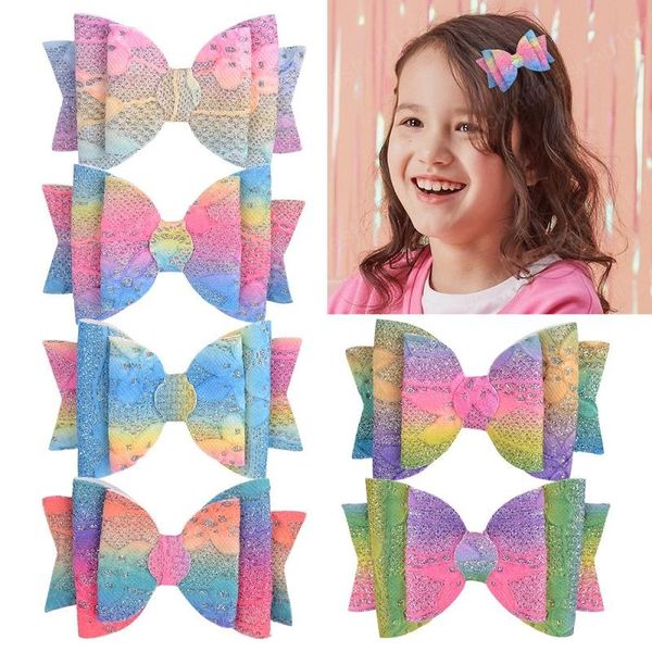 

kids princess barrettes gradient rainbow 3 layers bow hairpin glitter bowknot children's hairclips glitter fishtail hair accessory, Slivery;white