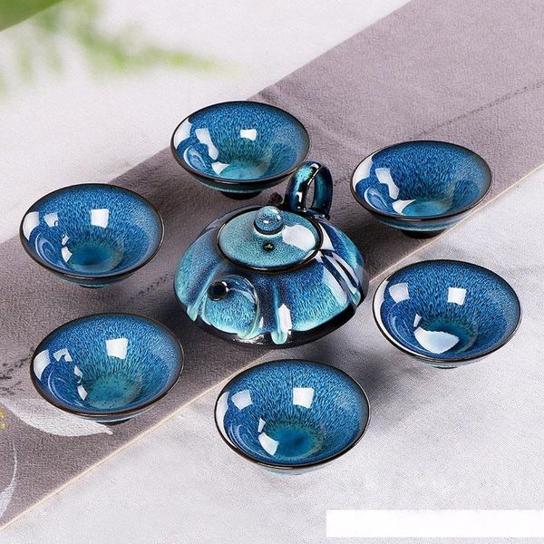 

7 pieces ceramic blue fambe glaze kongfu tea set jianzhan ancient temmoku teaware with 1 tea pot 6 tea cups chinese crafts