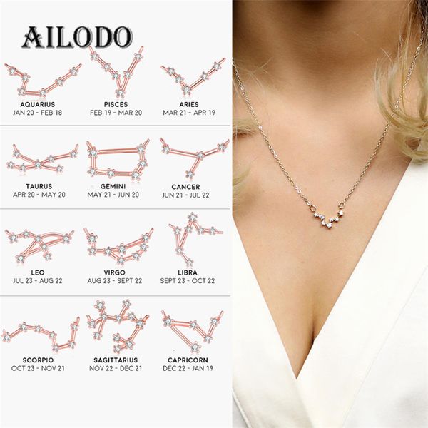 

ailodo 12 constellations zodiac necklaces for women luxury cz pendant necklace rose gold silver color copper jewelry 20jul36