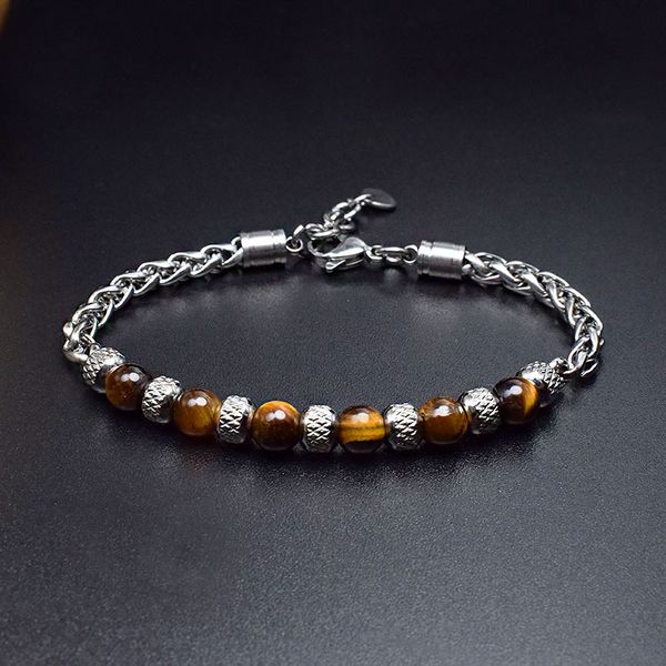 

charm bracelets 2021 men chain bracelet adjustable stainless steel braslet homme boy real natural map tiger eye braclet stone beads jewelry, Golden;silver