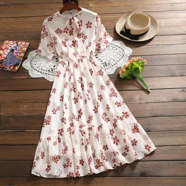 

casual dresses mori girl elegant chiffon dress 2021 arrival summer fashion bow short sleeve vintage floral print vestidos, Black;gray