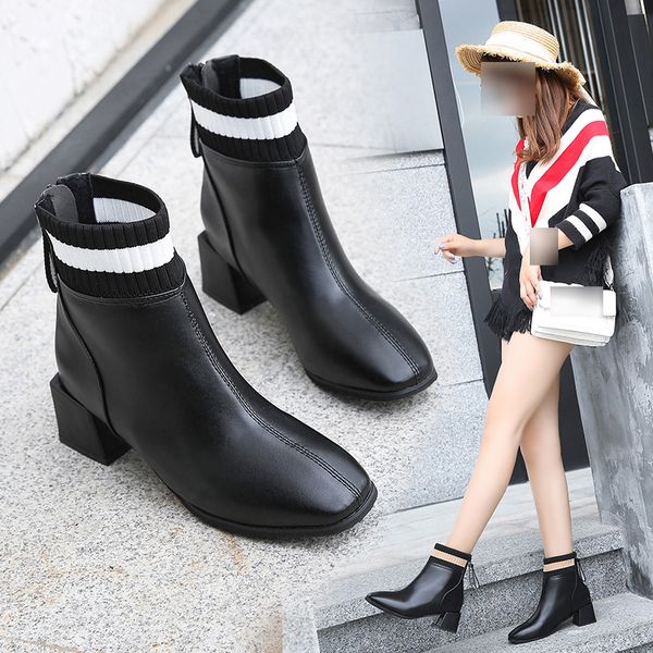 

ankle boots for women with zipper, fashionable chunky-heeled short boots (height 5cm 1.97inches, Black