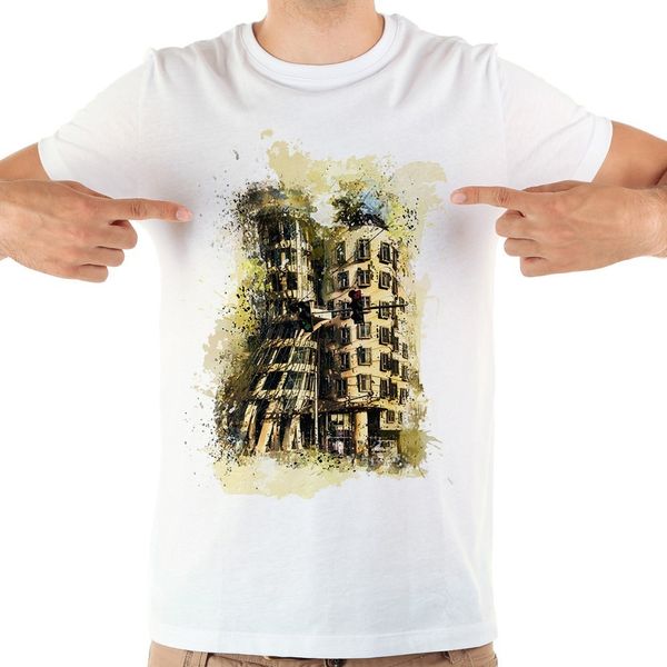 

prague artistic impression t shirt men 2018 summer new white casual homme cool characteristic architecture tshirt