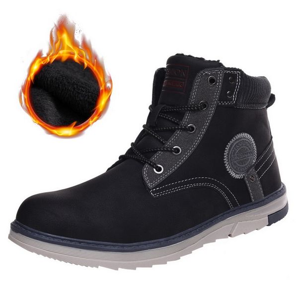 

new winter warm men boots pu leather fur plush men snow boots handmade waterproof working ankle shoes size 39-45, Black