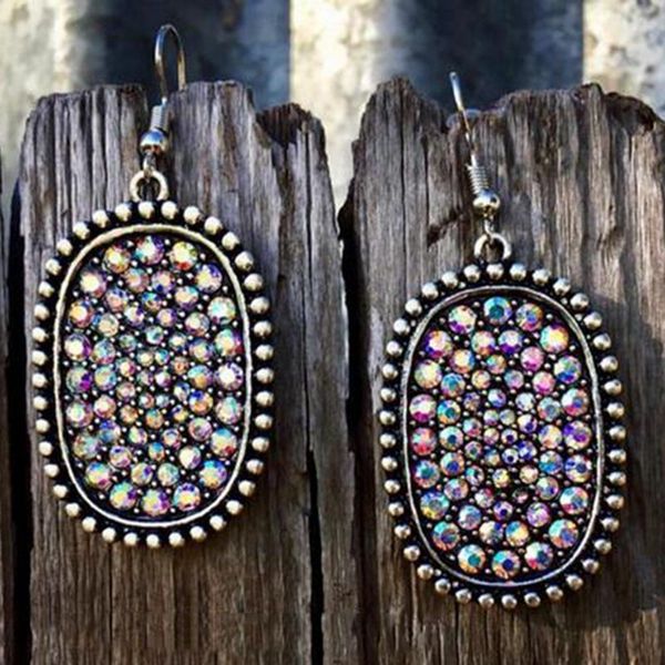 

bohemian rhinestone vintage earrings antique silver color geometric oval full crystal cz drop earrings for women jewelry