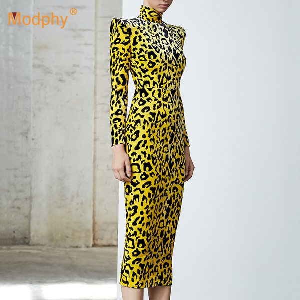 2020 Inverno Nova Moda Vestido Longo Estampado Leopardo Mulheres Elegantes Manga Longa Bodycon Vestido Celebridade Festa Noturna Passarela Vestidos T200911