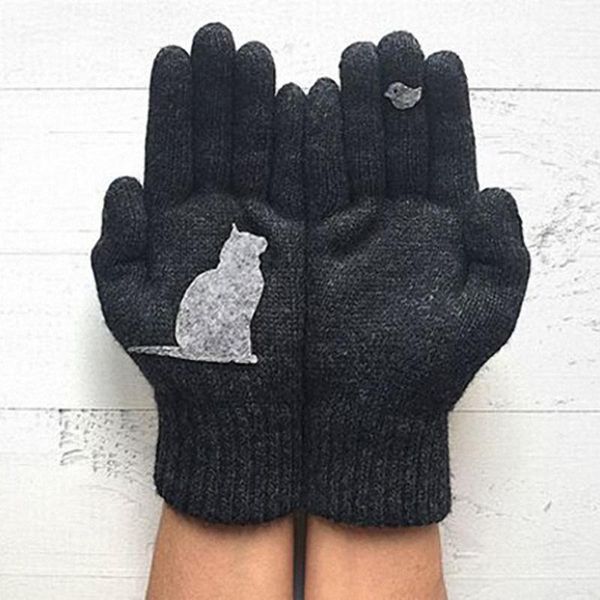 

five fingers gloves 1 pair women winter thicken warm funny cat bird animal print knitted mitten girls full finger outdoor sport riding, Blue;gray
