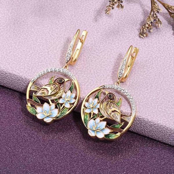 

cute earrings for women authentic delicate flower sparrow fine jewelry handmade enamel, Silver